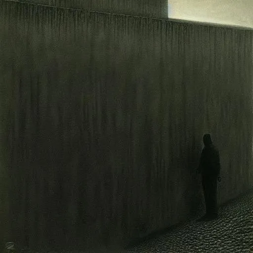 Prompt: man in hell, he is touching a wall, dark photo, by zdzislaw beksinski