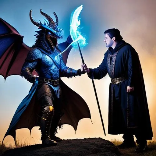 Prompt: Male Wizard casting a spell with Magic around him, Mounted on an Undead Dragon wreathed in Blue and Black Magic