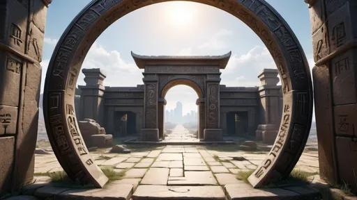 Prompt: circular portal, gateway between cities realms worlds kingdoms, ring standing on edge, freestanding ring, hieroglyphs on ring, complete ring, panoramic view