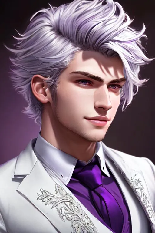 Prompt: Intricate detailed, highly detailed, sharp focus, hyper realistic, volumetric lighting, manly, strong, young, youth, handsome, boy, well-dressed, fantasy charming, with medium messy white hair, vibrant purple eyes, with a small smile, relaxed face  