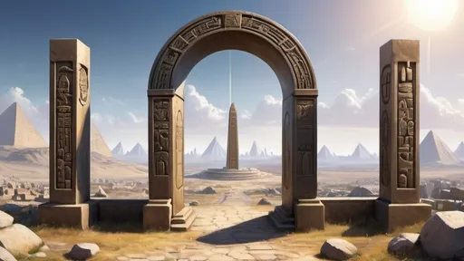 Prompt: circular portal, gateway between cities realms worlds kingdoms, ring standing on edge, freestanding ring, hieroglyphs on ring, complete ring, obelisks, panoramic view