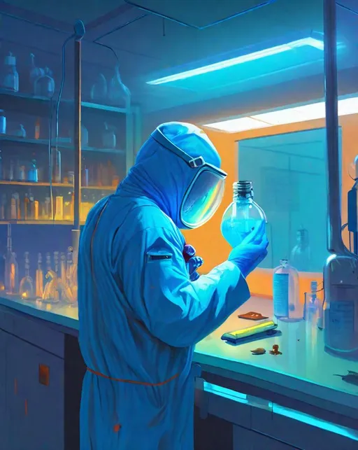 Prompt: In a sleek high-tech laboratory, a scientist makes a breakthrough discovery, holding up a (glowing:1.2) vial of blue liquid up to the light as eerie (neon:0.6) reflections dance across his hazmat suit. In the style of Simon Stålenhag.