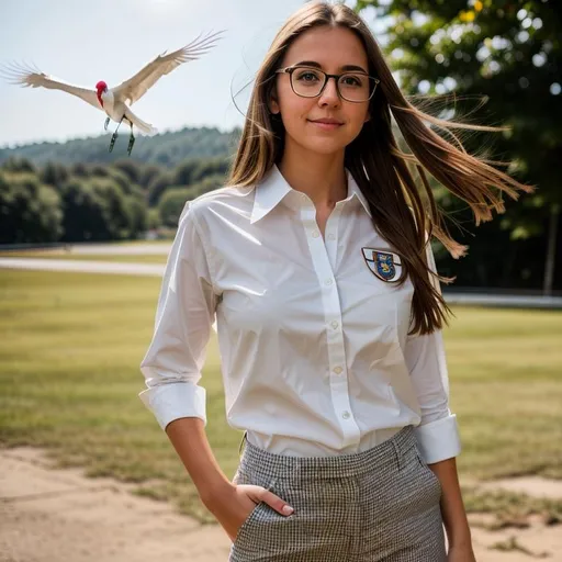 Prompt: Full body photo of a beautiful girl, realistic photo, cute girl, cute face, good looking girl, wear open white school uniform, half past of white  shirt be taken out from pants, glasses, with brown hair, crane background, centered in frame, facing camera, symmetrical face, ideal human, 8k, 85mm lens,f8, photography, ultra details, natural light, light background, photo, Studio lighting