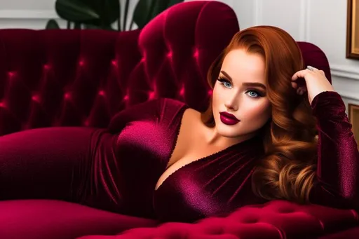 Prompt: Glamour vignette shot photo, full body of a woman who resembles Madelaine Petsch with blue eyes, smooth soft skin, laying back on her Burgundy Samuel Tufted Roll Arm Chaise Lounge, comfortably looking into the camera, fine textured shiny wavy hair, centered in frame, symmetrical face, bbw, perfect body, 85mm lens, f8, photography, ultra details, HQ, 8K, soft light, dim blurry background, photo, lit by candlelight 