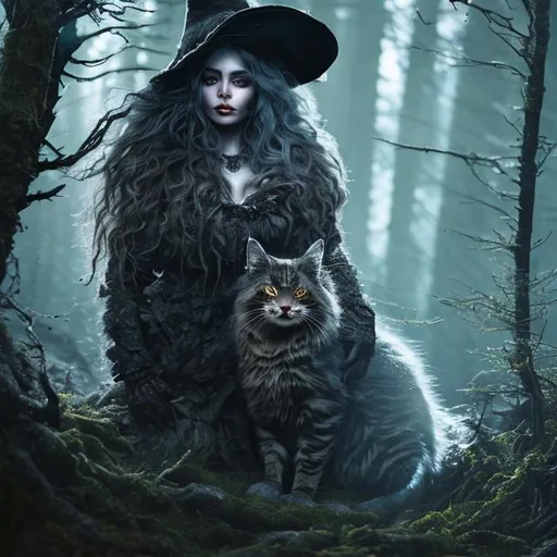 Prompt: highly detailed woman with norwegian forest cat into dark forest, witch of forest, highly detailed eyes, high resolution scan, 64k, UHD, HDR, hyper realistic, Canon EOS R5, Canon EF 24mm f/1.8 STM, horror context, neon lights, crystal clear photograph, absolutely real.