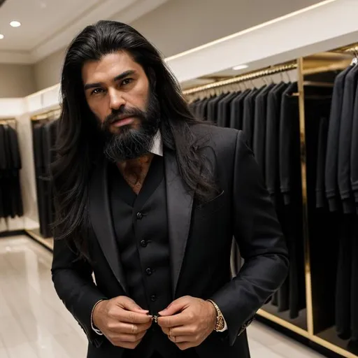 Prompt: A men selling diamonds in a store of gold , wears a nice black suit , with a medium long hair and light Beard 