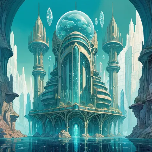 Prompt: An underwater sci fi palace with many towers and huge crystals between them, art nouveau, in the style of Moebius