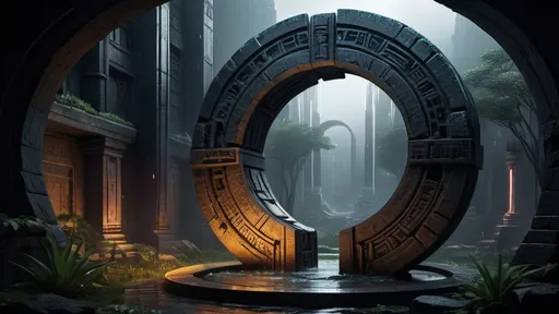 Prompt: magical portal between cities realms worlds kingdoms, circular portal, ring standing on edge, upright ring, freestanding ring, hieroglyphs on ring, complete ring, ancient babylonian architecture, gardens, ruins, turned sideways view, futuristic cyberpunk tech-noir setting, dark night, rain