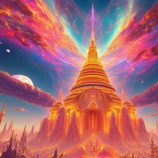 Prompt: A breath taking view of The temple of the spirit realm floating in the sunny sky surrounded by pink and gold cosmic space dust fantasy 100k realistic beautiful dream colourful multi colourful 