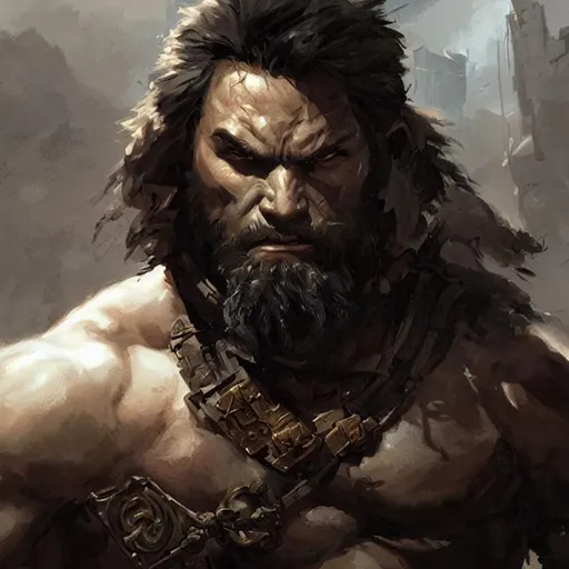 Prompt: Portrait painting of a barbarian half-orc by Greg Rutkowski and Craig Mullins, Dark atmospheric and cinematic lighting