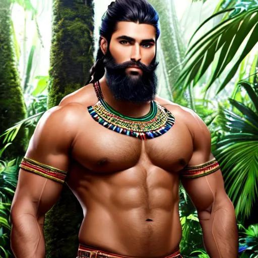 Prompt: A tall and muscular tan man wearing ancient tribal clothing. short black hair, long bushy beard, blue eyes. in a rainforest