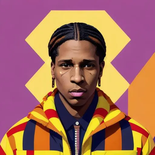 Prompt: Asap Rocky, in the style of Wes Anderson,  An aesthetically pleasing, dynamic, energetic, lively, well-designed digital art, all geometrically correct, proportionate face, high detail, concept art, character art, detailed eyes, detailed lips, detailed nose, 