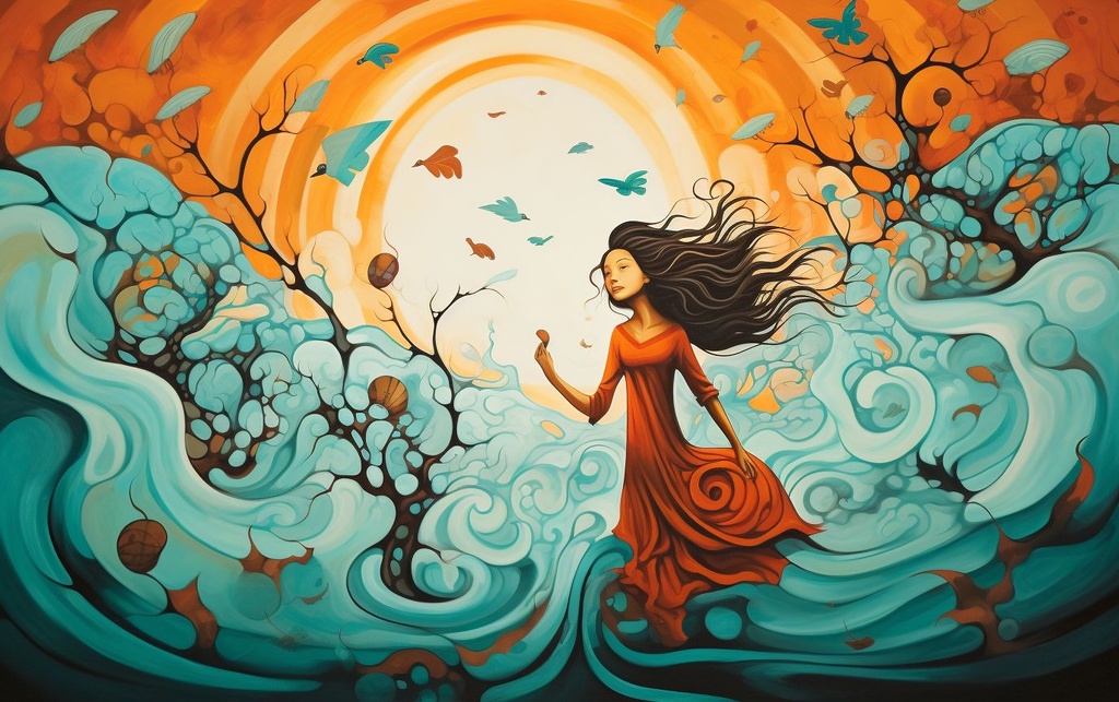 Prompt: a painting of the tree of life with a girl flying over a colorful world, in the style of turquoise and orange, caravaggism, applecore, contemporary chicano, contemporary canadian art, jewish culture themes, childlike innocence