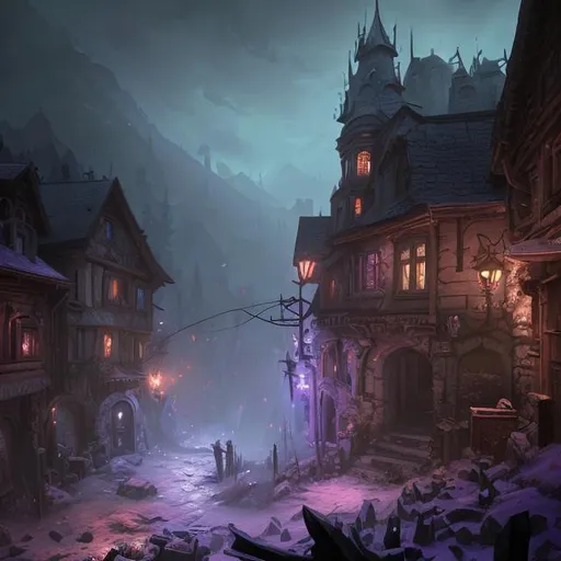 Prompt: extreme long shot concept art depicted old german mountain necromancer town, dramatic mood, overcast mood, dark fantasy environment, arcane purple glow, dieselpunk, art inspired by league of legends and arcane, style by jason engle and jordan grimmer, trending on artstation, unreal engine, golden ratio, spectacular composition