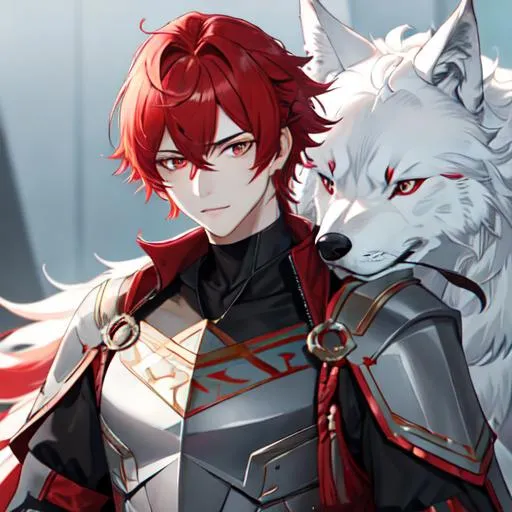 Prompt: Zerif 1male (Red side-swept hair covering his right eye) wolf-hybrid, UHD, 8K
