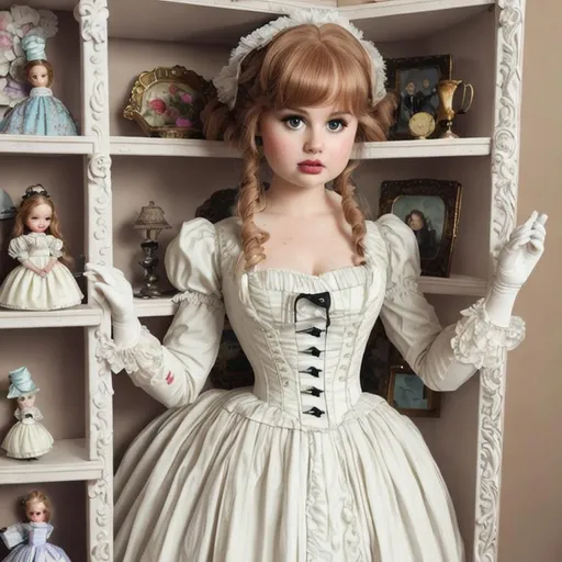 Prompt: Debby Ryan being turned into a porcelain doll wearing victorian dress, on a doll shelf. 
