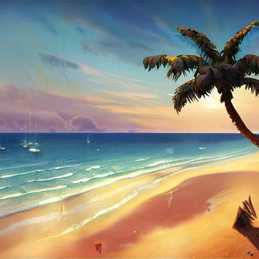 Prompt: A beautiful realistic detailed matte painting of a beach with a palm tree on a stunning warm day, soft sunrise lighting,  John Howe, Andreas Rocha, unreal engine, featured on artstation, ultrawide angle, aerial view, f16, polarizer filter, 
