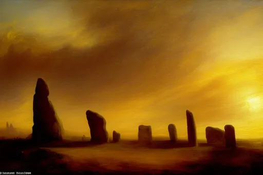 Prompt: A moody scene oil painting in the style of Turner, a circle of ancient monolithic standing stones at sunset, large mountains in background, swirling clouds, 8k, highly detailed