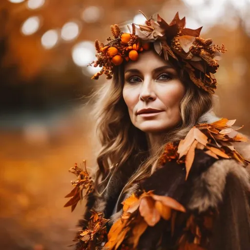 Prompt: caucasian goddess in her 40s wearing a wreath from fallen leaves and orange and brown colours in an autumnal background close up bokeh