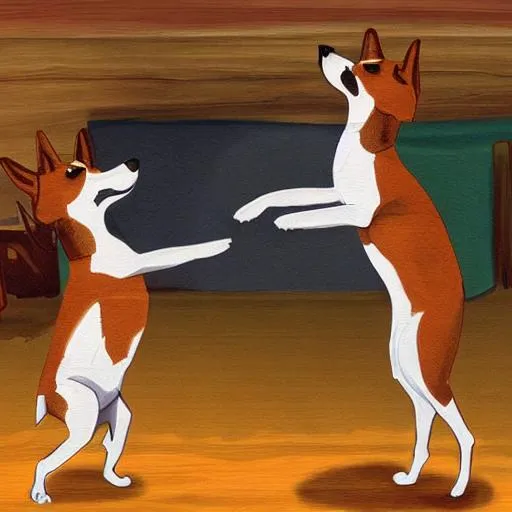 Prompt: illustration of a basenji dancing the tango with a beagle while a band plays in the background