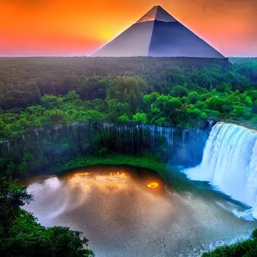 Prompt: beautiful sunrise behind pyramid with a waterfall next to it 

