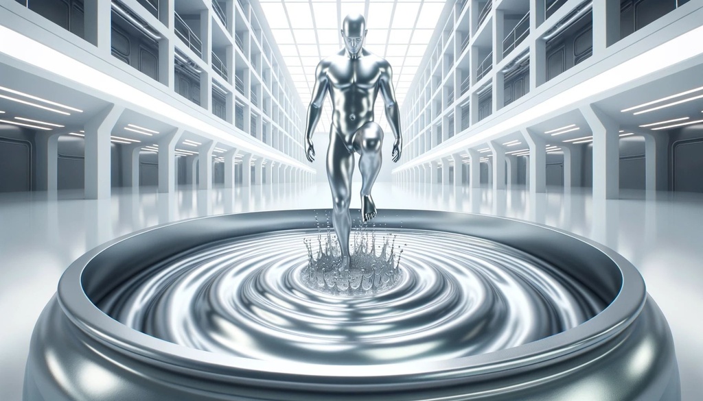 Prompt: Wide perspective of a modernistic setting, where a humanoid made of bright white metal is stepping out from a vat filled with liquid metal of the same color. The droplets from the humanoid create ripples on the surface of the vat.