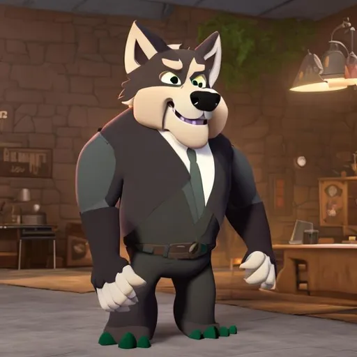 Prompt: Linnux the big buff anthro wolf is wearing black business suit on "Rock dog style"