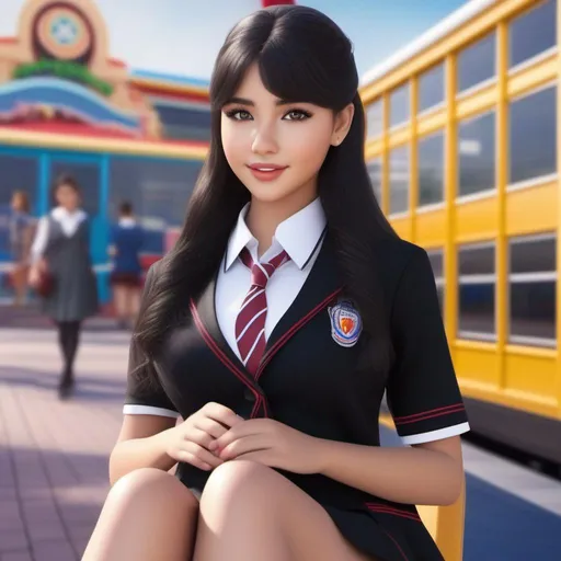 Prompt:  16 year old Most Beautiful Mix of Slavic and Filipina Petite Babyface Feminine Idol Girl with brown eyes, black hair, and a curvy body with a small waistline in a School Uniform. Theme Park. Ultra realistic.  Full body view showing (cleavage) and thighs. (Sensual). (Erotic). Best Quality. 