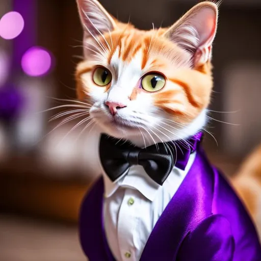 Prompt: cat shorthaired ginger-colored fur, right eye blue left eye purple) 8K, UHD, best quality, wearing a tuxedo, a top hat, and a bow tie