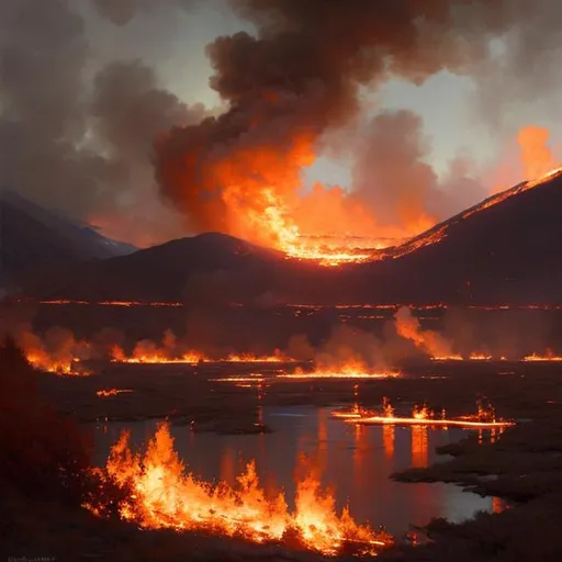 Prompt: A Landscape engulfed entirely in flames. Extremely detailed, realistic. Krenz Cushart + loish +gaston bussiere +craig mullins, j. c. leyendecker +Artgerm.