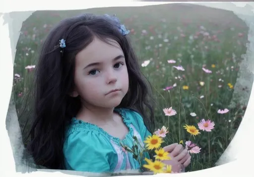 Prompt: A girl sitting in a flowery meadow.
