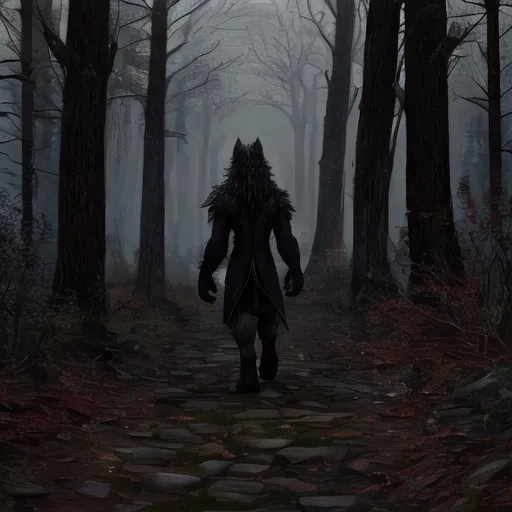 Prompt: anthropomorphic wolf demon walks along a path in a dark forest