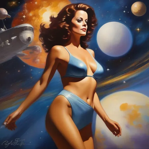 Prompt: (masterpiece, professional oil painting, epic digital art, best quality:1.5), Sigourney Weaver, in one piece Sling Bikini, equal proportions, equal body ratio, equal face ratio, floating through space, stars, galaxies, nebulas, 50s pinup style, 