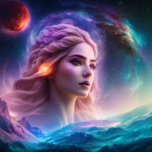 Prompt: create photograph of most beautiful fictional female goddess who is from future , extremely, wide angle, detailed environment, detailed background, planets an nebulae in sky highly detailed, intricate, detailed skin, natural colors , professionally color graded, photorealism, 8k, moody lighting

