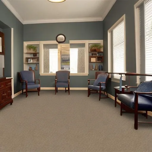 Prompt: living room of a house converted into a doctor's office reception area
•	Flooring: Consider using commercial-grade carpet tiles with a warm and inviting pattern. They provide comfort underfoot and can withstand heavy traffic. Alternatively, luxury vinyl plank flooring that mimics the look of hardwood can be a great option. It's easy to clean and maintain.
•	Walls: Paint the walls in a neutral, soft color to create a calming atmosphere. You could also consider using textured wallpaper for added interest without overwhelming the space.
•	Ceiling: Opt for acoustic ceiling panels that reduce noise and create a comfortable environment for both patients and staff. A neutral color or soft white can work well for the ceiling.

