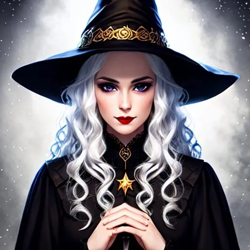 Prompt: dnd, dark fantasy, portrait, female, witch, curly hair, elf, white hair, pointy hat with stars