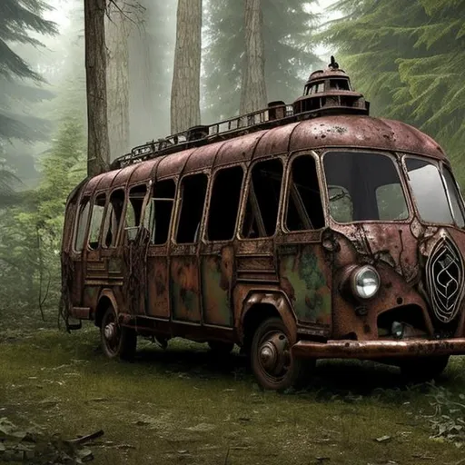 Prompt: The steampunk ghost van sits abandoned in the heart of the forest, its rusted metal and shattered windows hinting at a violent past. It seems to almost blend in with the surrounding trees, as if it has been there for centuries. The atmosphere is tense and foreboding, as if the very air is charged with supernatural energy. The car's headlights flicker on and off, casting eerie shadows that seem to move on their own. It is as if the car is alive, waiting for its next victim to cross its path. The sound of its engine roars to life, filling the forest with an otherworldly hum that sends shivers down the spine. Any who dare to approach the ghost car do so at their own risk, for once they are within its reach, they may never escape. , sharp focus, 8k, ultra realistic, jim lee, luis royo