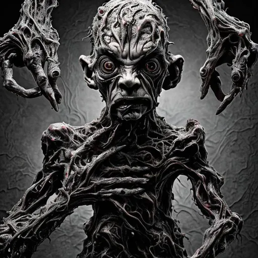 Prompt: In the depths of existence, a malformed figure emerges, resembling a distorted human form. Its limbs twist and bend unnaturally, its skin pallid and lifeless. Its eyes, devoid of warmth, gaze with a chilling intensity. Every movement is a jagged contortion, as if puppeteered by unseen hands. Its presence radiates malevolence and despair, evoking an unsettling sense of unease. This grotesque being, with its twisted human facade, serves as a haunting reminder of the darkness that can lurk within the human soul.