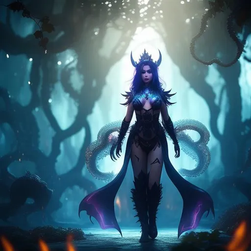 Prompt:  lovecraftian demon queen and king, beautiful, 8k, Breathtaking cinematic ((High quality)) ((photo realistic full-body)), ark night, sharp focus , digital art , art station ,volumetric lighting , ultra hd , 64k , unreal engine , hyper realistic , Naturist Background with tall trees, vines, white flowers, fireflies, perfect composition, Realistic, hyper realistic, super detailed, 8k, high quality, sharp focus, studio photo, intricate details, highly detailed in the style of Todd McFarlane and Greg Capullo, Spawn comics, unreal engine, octane render, by Jacob Lawrence and Francis picabia, perfect composition, beautiful detailed intricate insanely detailed octane render trending on artstation, 8 k artistic photography, photorealistic concept art, soft natural volumetric cinematic perfect light, chiaroscuro, award - winning photograph, masterpiece, oil on canvas, raphael, caravaggio, greg rutkowski, beeple, beksinski, giger