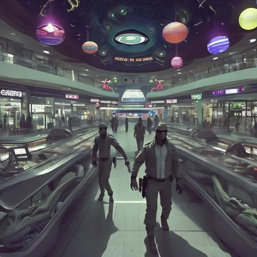 Prompt: alligator security guards in a busy alien mall, widescreen, infinity vanishing point, galaxy background, surprise easter egg