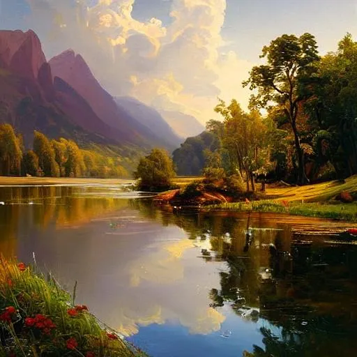 Prompt: Create a painting of a serene lake or river landscape in the style of Peder Mork Monsted using stable diffusion. Use the technique to capture the subtle variations in color and light, creating a sense of peace and tranquility in the painting