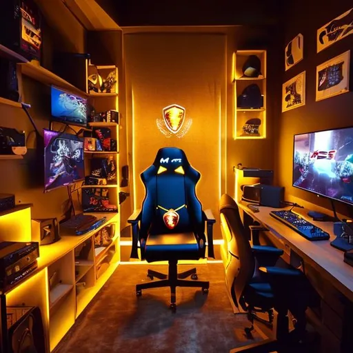 Prompt: An gamer room setup with yellow backlighting and a warm cozy ambiance. Includes with gaming chair, and gaming headphones, with 1 MSI Product placement. Must have subtle yellow backlight LED and subtle yellow accents in the room such as pillows, cloth or cups.