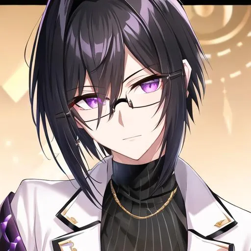 Prompt: Male (short spiky black hair with long white fringes) (Purple eyes) (gold framed eyeglasses with a gold color), UHD, 8K, highly detailed, insane detail