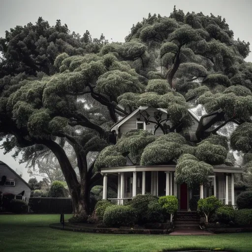 Prompt: rainy house tree and a couple