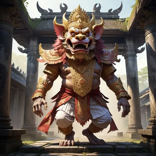 Prompt: Full body, Fantasy illustration of a barong, Indonesian benevolent mystical animal, mystical atmosphere, RPG-fantasy, detailed, game-rpg style, bright lighting, fantasy, walking on 4 legs, 
otherwordly ambiance, balinese temple ruins 