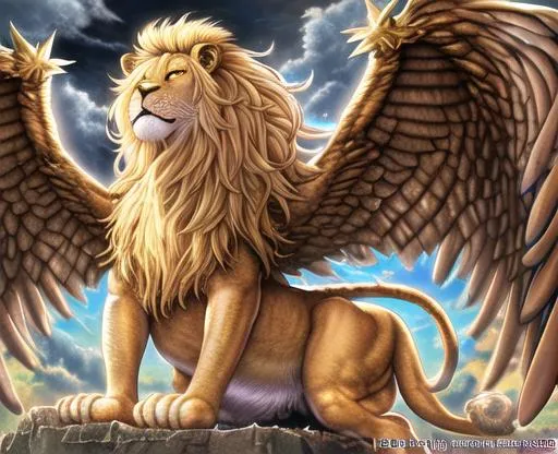 Prompt: Lion with Wings with eyes on them, HDR, Highly detailed