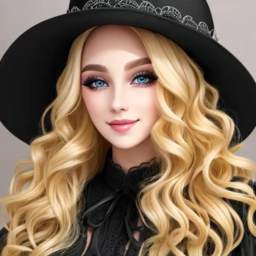 Prompt: A beautiful woman dressed in black, long  blonde very curly hair,  wearing a cute hat, facial closeup