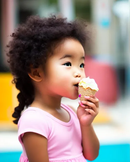 Prompt: Little blasian girl.  Licking ice-cream. Icecream cone. Wearing blue shirt.  Blue shirt. Cute. curly hair. Blasian. Chubby cheeks.  Adorable 