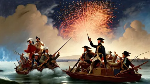 Prompt: Create a patriotic oil painting of George Washington and his army crossing the Delaware river at night with fireworks in the sky