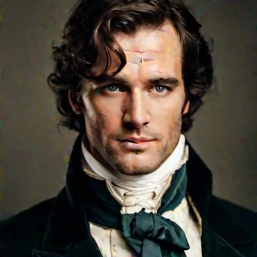 Prompt: Mr. Darcy, a handsome man with dark hair aged 30 years, stylish 18th century clothing, facial closeup